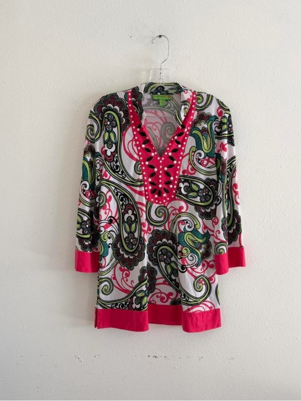 Island Republic Multicolor Paisley V-Neck Tunic with Pink and Lime Accents